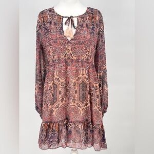 MinkPink Ruched Tie Front Bohemian Paisley Print Mini Dress w Ruffles Sz M EUC